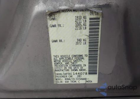 2014 Nissan Altima 2.5 Sv z USA, uszkodzony, nr VIN 1N4AL3AP3EC144078